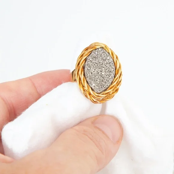 2 tone 14Kt Italy statement ring platinum druzy quartz luxury Vicenza Gold 10